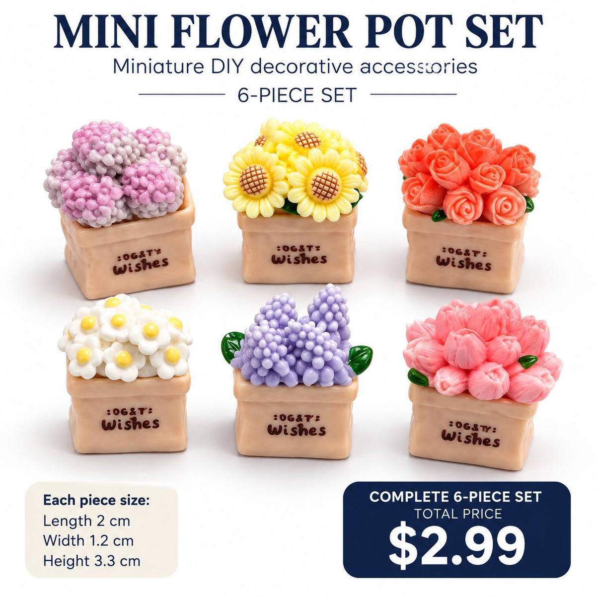 FANJUN-AMTECH 6-Piece Miniature Potted Flower Bouquet Model Set, Home Decor Ornaments, 3D Shapes Plants for Home Supplies Props