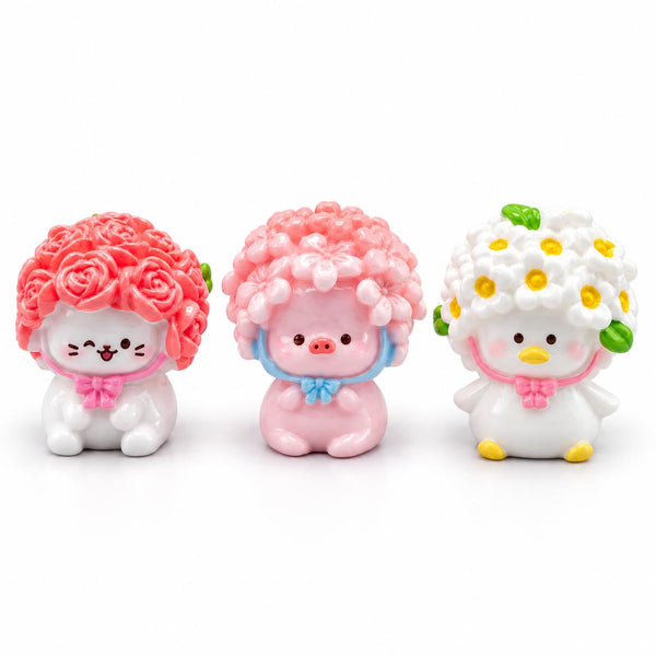 FANJUN-AMTECH 3-Piece Miniature Flower Crown Animal Model Set, Home Decor Ornaments, Shelf Display Props