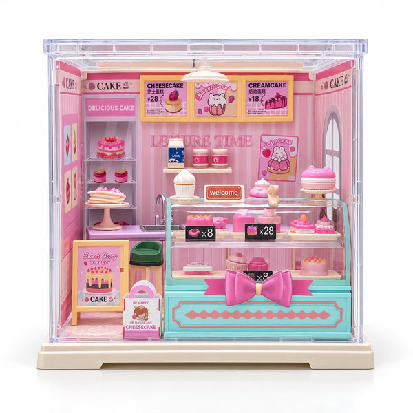 FANJUN-AMTECH Miniature Pink Cake Shop DIY Assembly Set with Clear Display Case