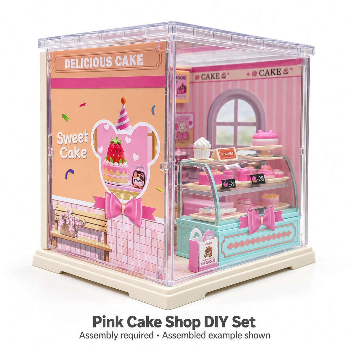 FANJUN-AMTECH Miniature Pink Cake Shop DIY Assembly Set with Clear Display Case