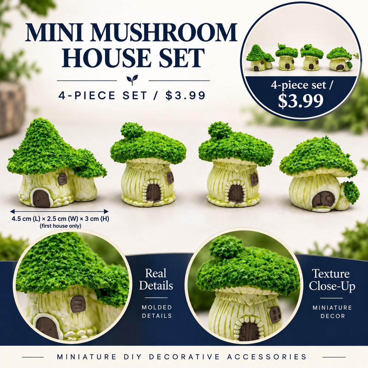 FANJUN-AMTECH Miniature Mushroom House Models Set - 4 Pieces