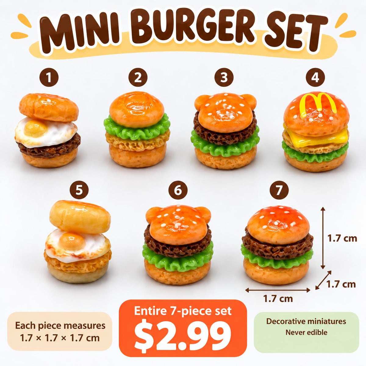 FANJUN-AMTECH Miniature Hamburger Models Set - 7 Pieces