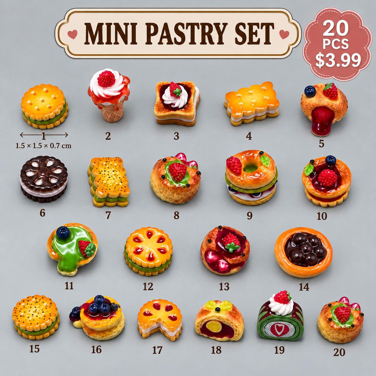 FANJUN-AMTECH Miniature Dessert Models Set - 20 Pieces