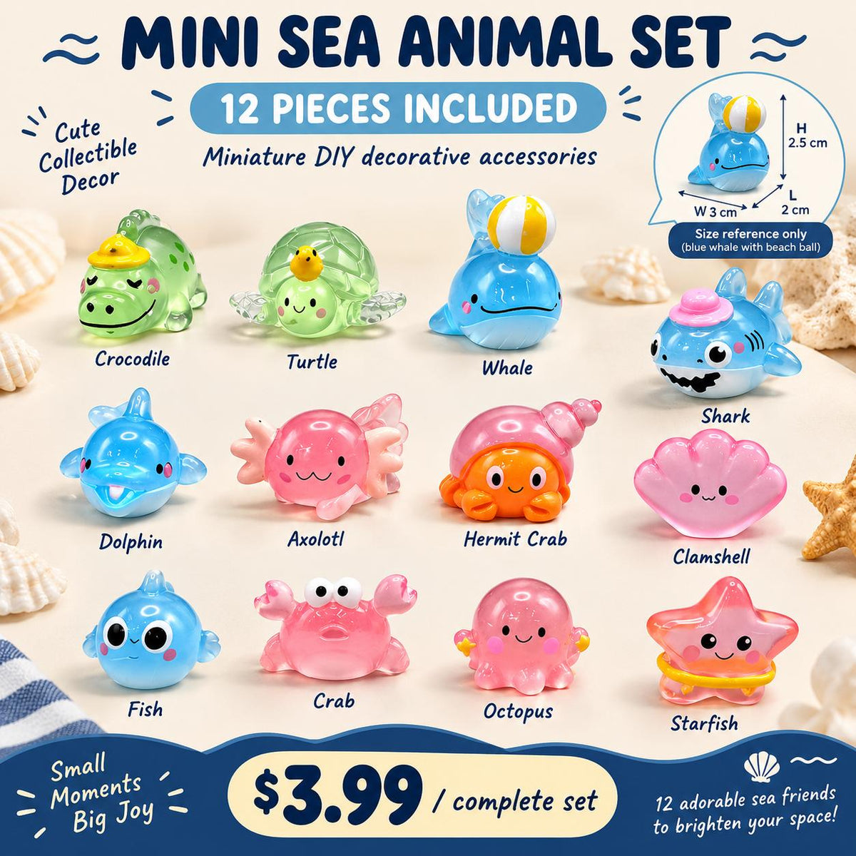 FANJUN-AMTECH 12-Piece Miniature Sea Animal 3D Shapes Model Set - Home Decor Ornaments, Shelf Display Props