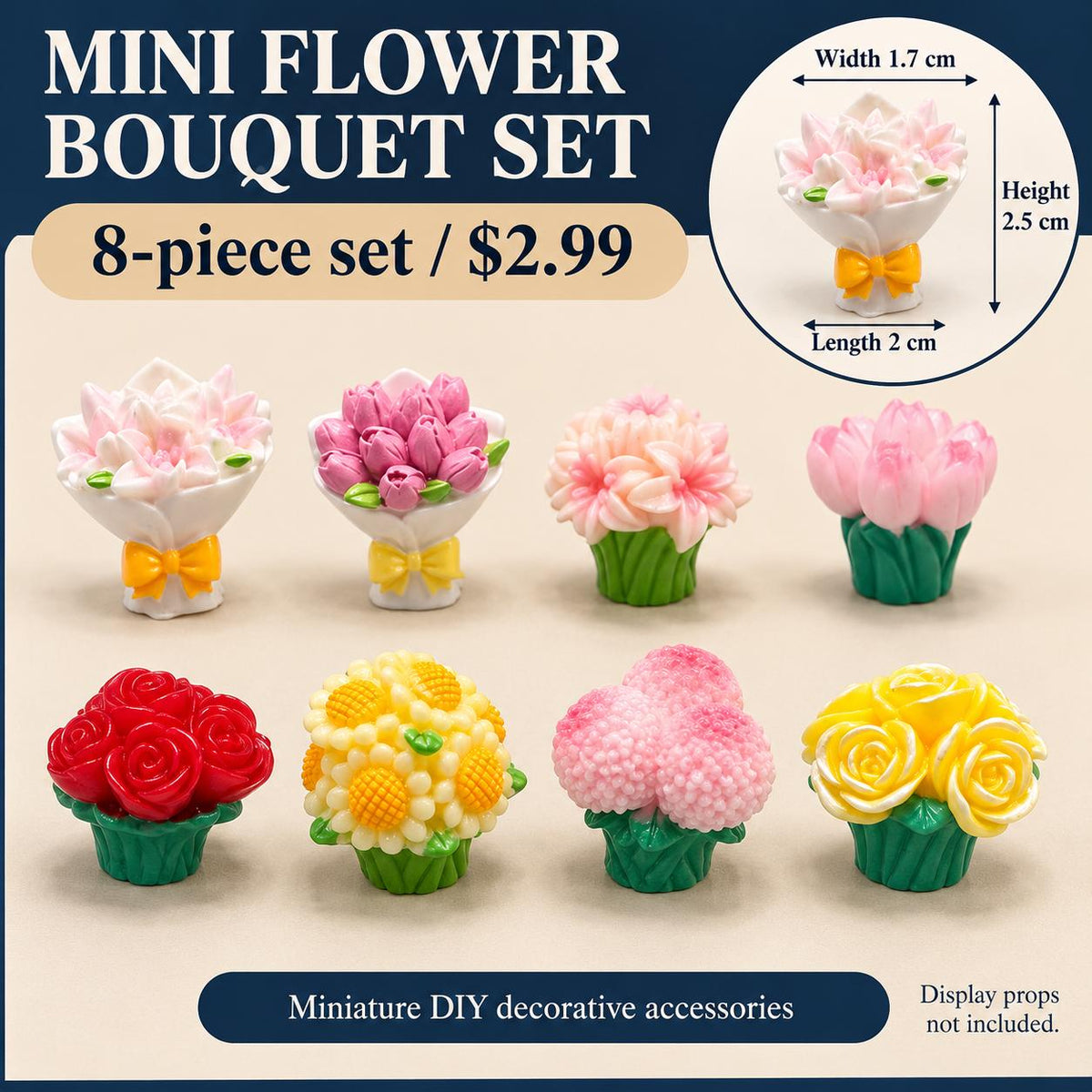 FANJUN-AMTECH 8-Piece 3D Shapes Miniature Flower Bouquet Models Set, Home Decor Statues & Figurines