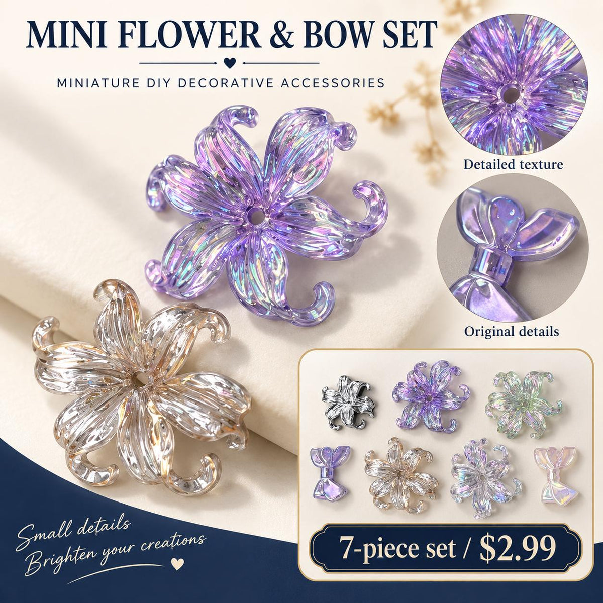 FANJUN-AMTECH Miniature Flowers and Bows Decorative Accessories Set - 7 Pieces