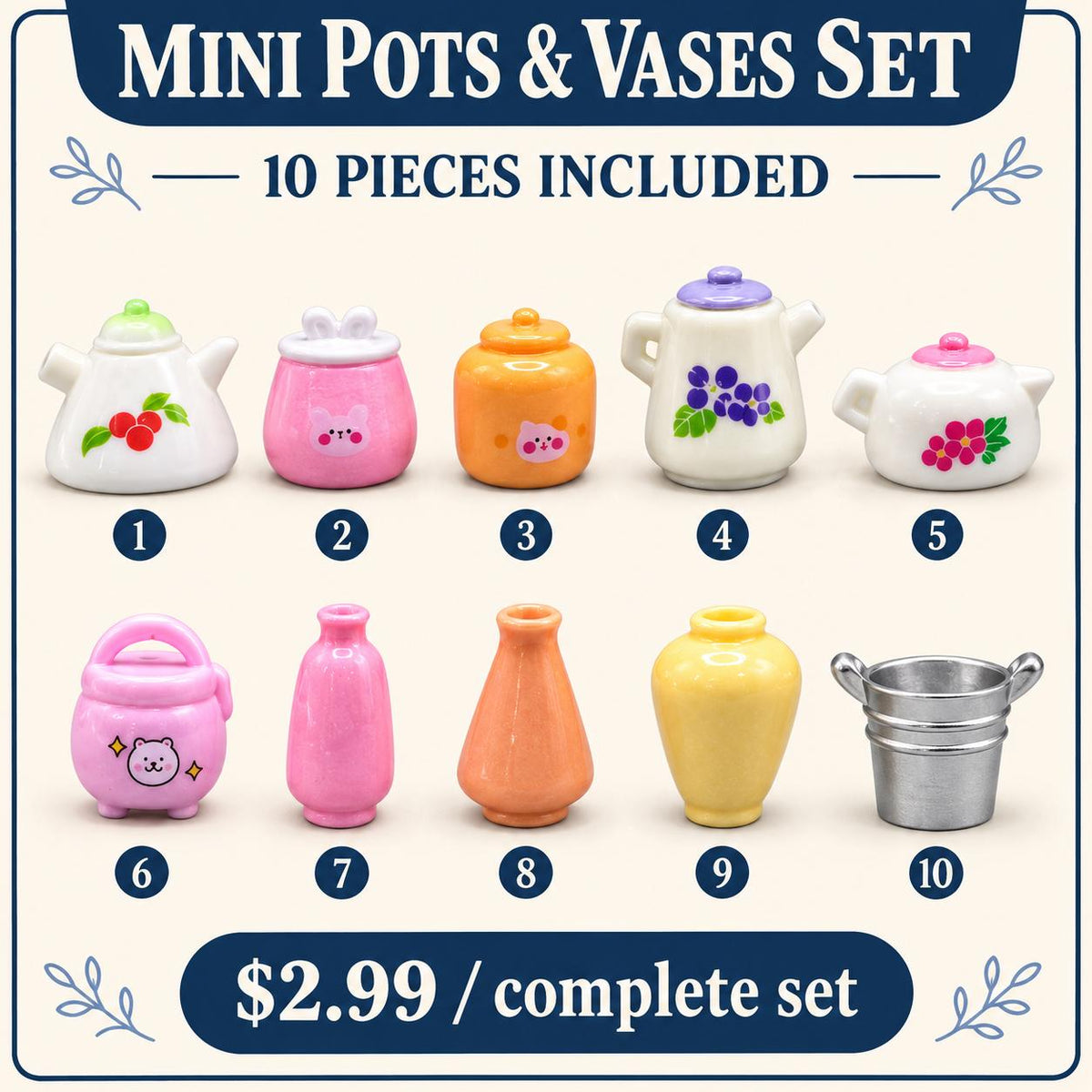 FANJUN-AMTECH 10-Piece Miniature Decorative Pots and Bottles Set, Home Decor Ornaments for Shelf Display, Photo Props