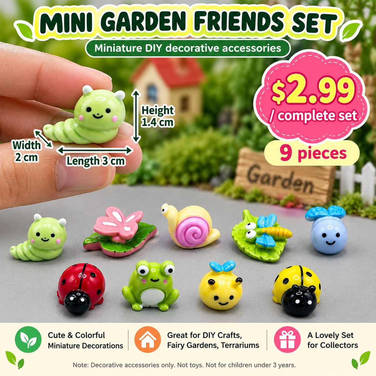 FANJUN-AMTECH 9-Piece 3D Shapes Miniature Garden Companion Figurine Set, Home Decor Statue for Indoor Outdoor Small Garden Accents