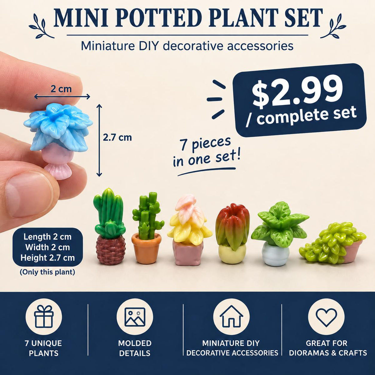 FANJUN-AMTECH Miniature Potted Plant Models Set - 7 Pieces