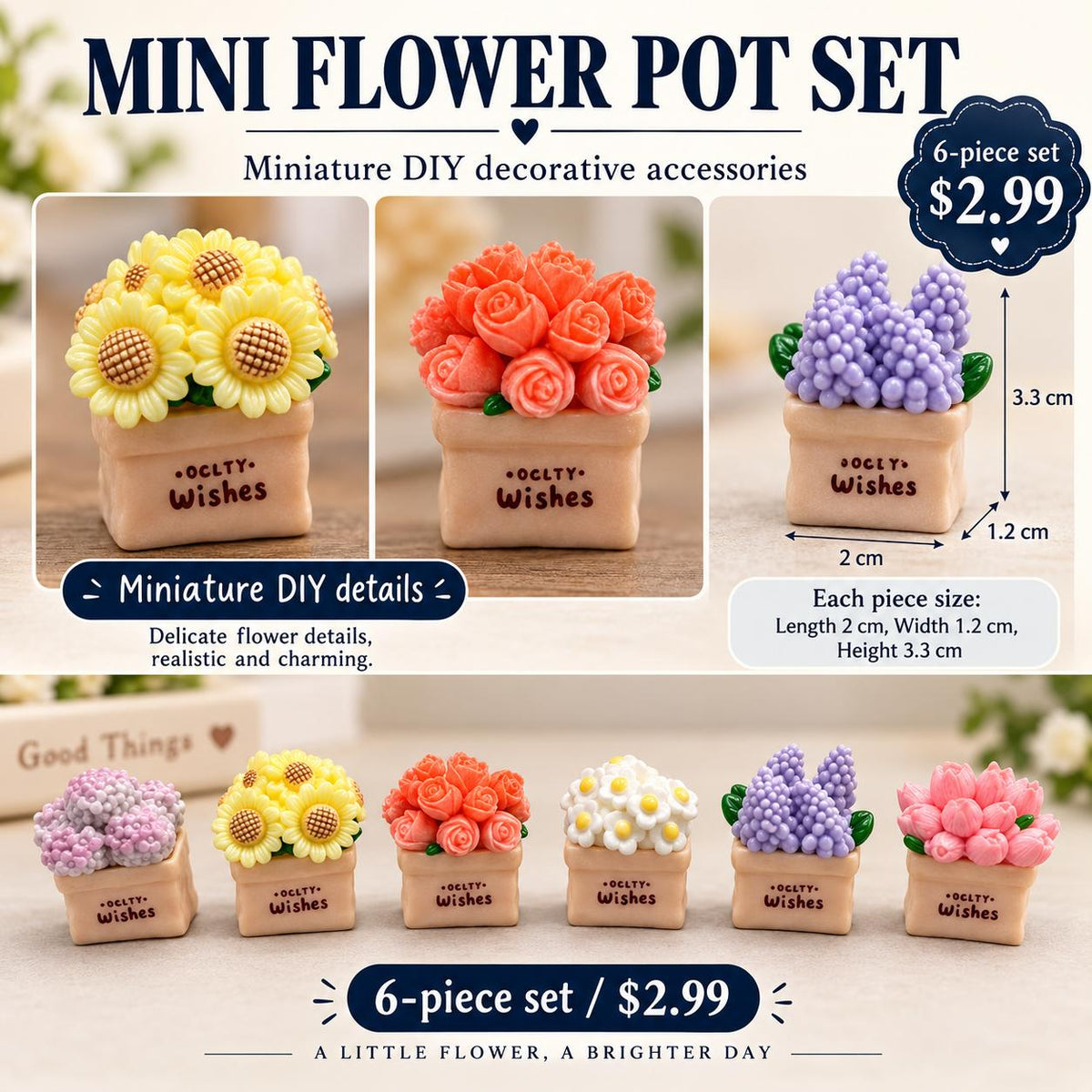 FANJUN-AMTECH 6-Piece Miniature Potted Flower Bouquet Model Set, Home Decor Ornaments, 3D Shapes Plants for Home Supplies Props