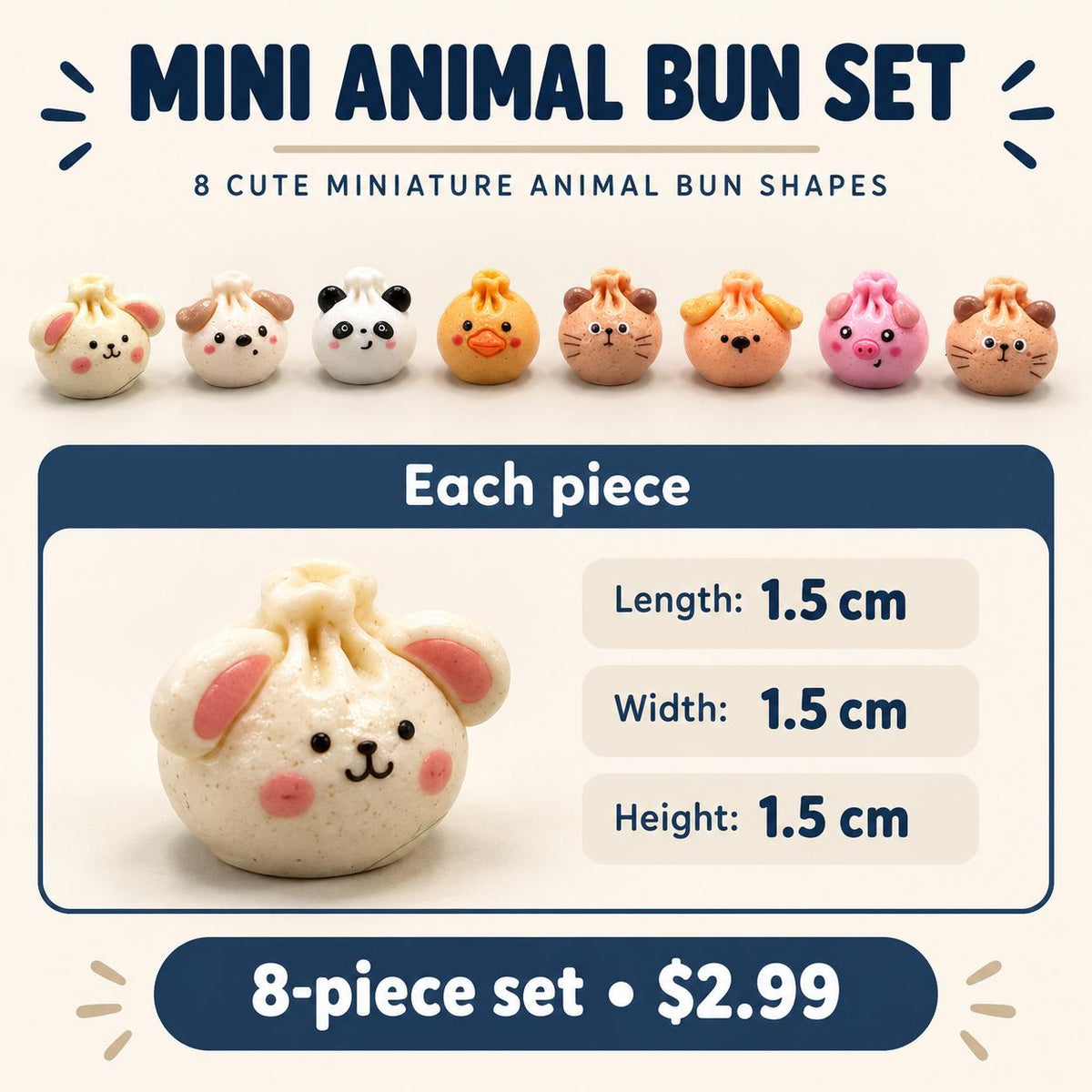 FANJUN-AMTECH Miniature Animal Bun Models Set - 8 Pieces
