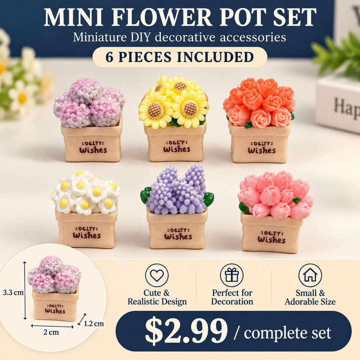 FANJUN-AMTECH 6-Piece Miniature Potted Flower Bouquet Model Set, Home Decor Ornaments, 3D Shapes Plants for Home Supplies Props