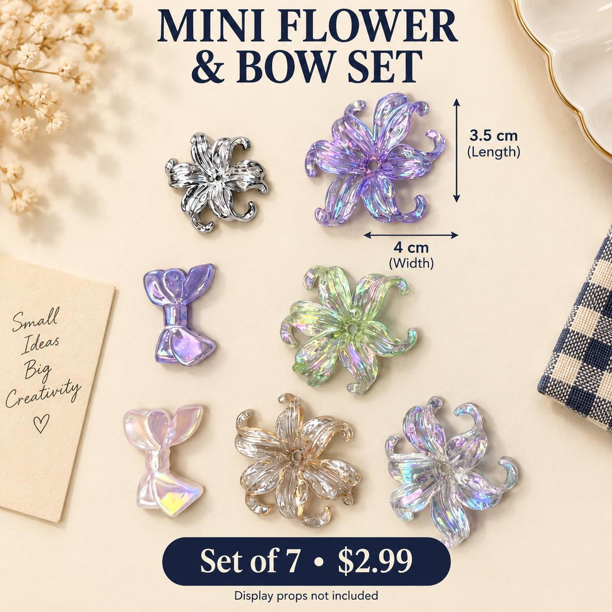 FANJUN-AMTECH Miniature Flowers and Bows Decorative Accessories Set - 7 Pieces