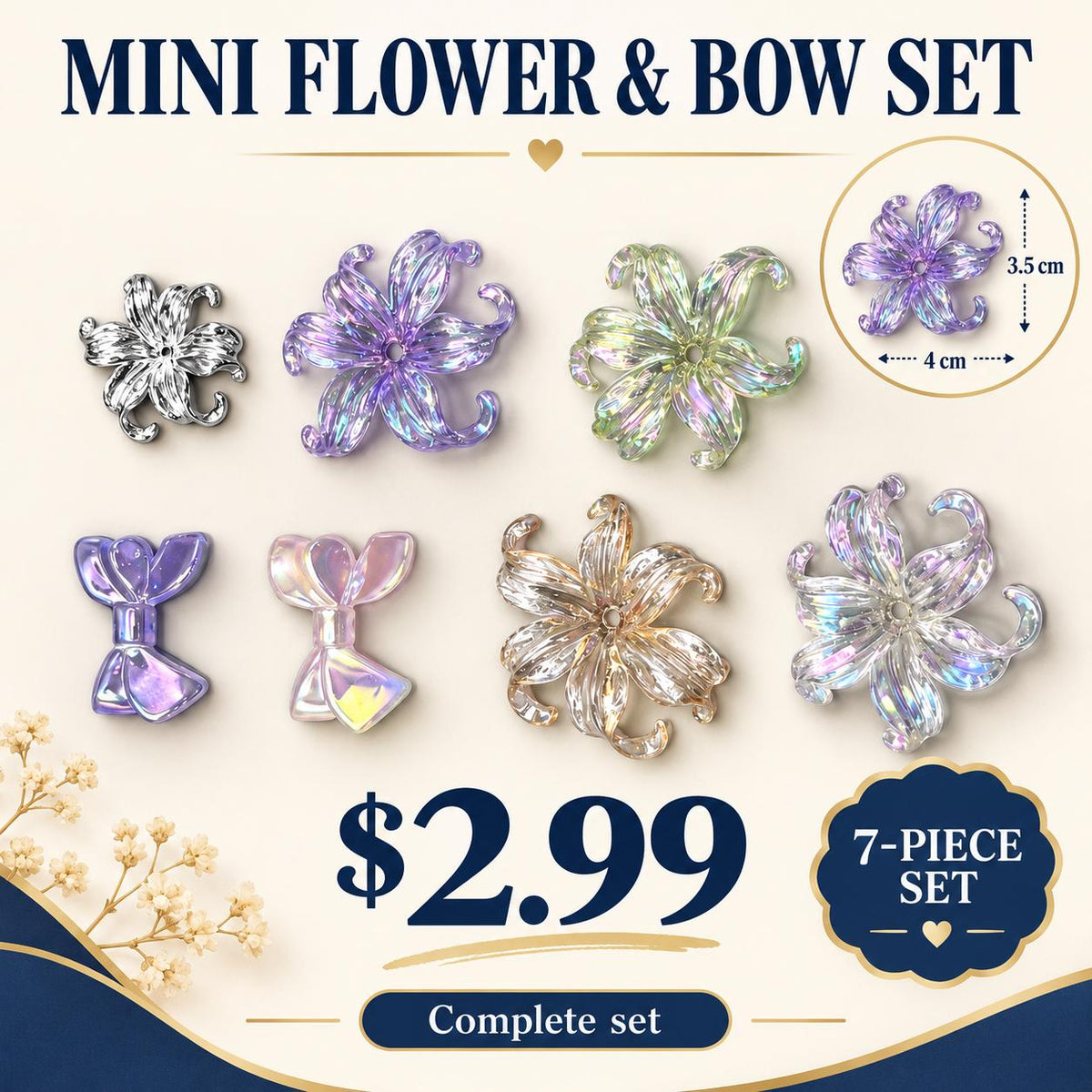 FANJUN-AMTECH Miniature Flowers and Bows Decorative Accessories Set - 7 Pieces