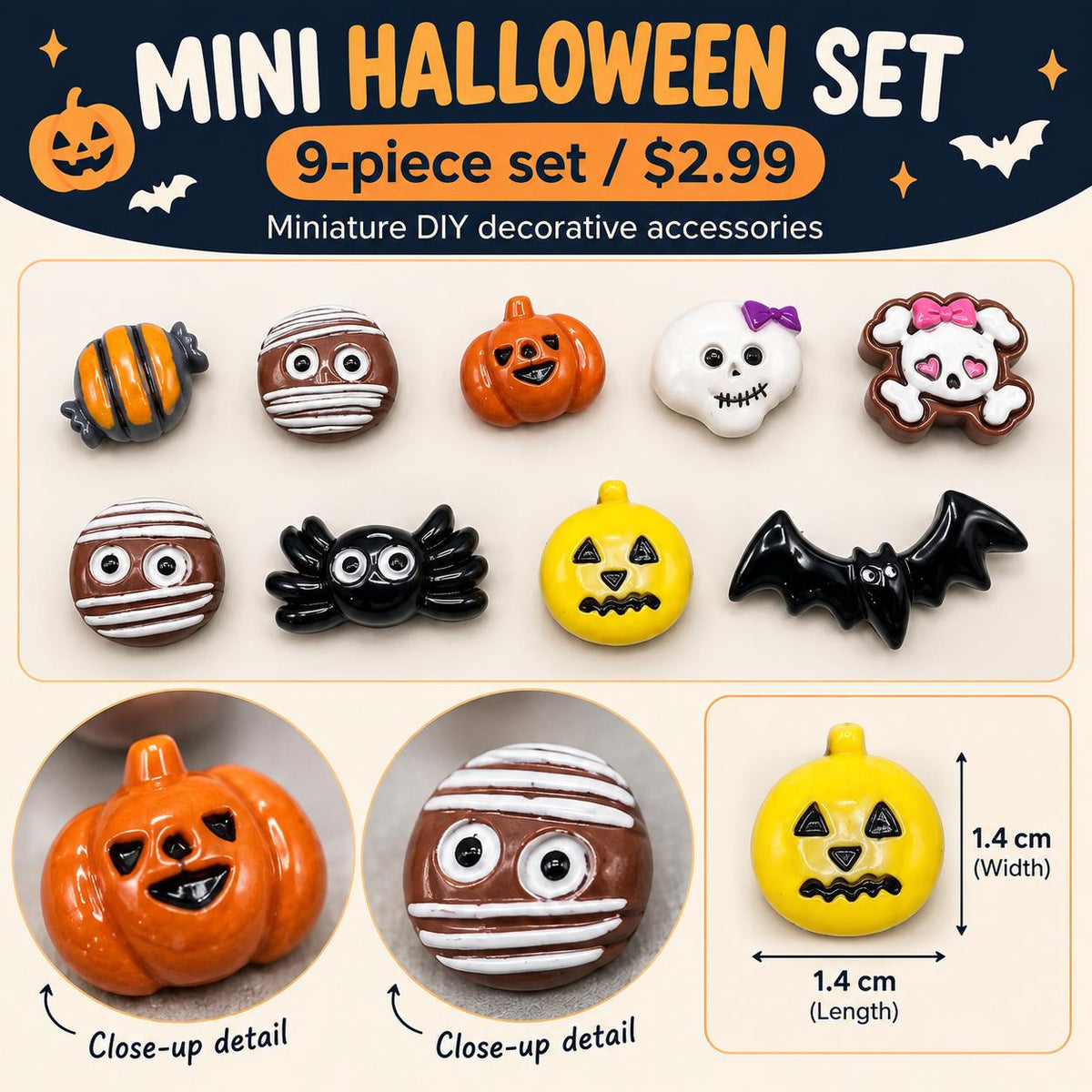 FANJUN-AMTECH Miniature Halloween Decorative Accessories Set - 9 Pieces