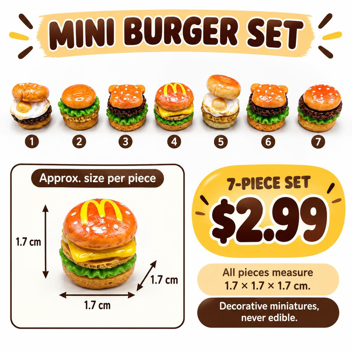 FANJUN-AMTECH Miniature Hamburger Models Set - 7 Pieces