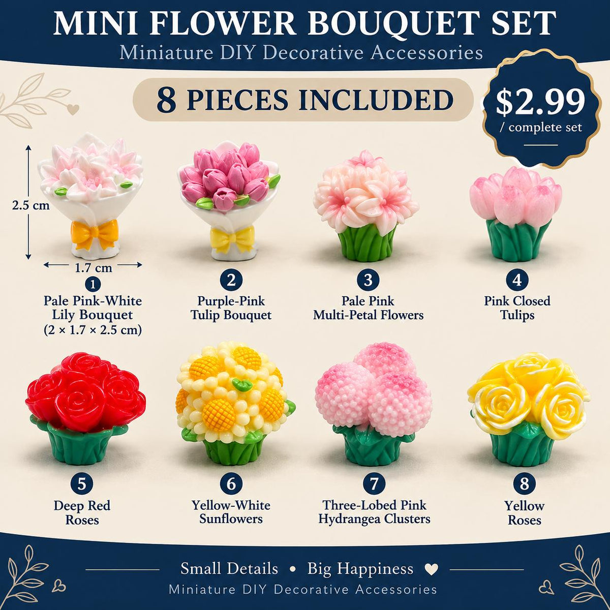 FANJUN-AMTECH 8-Piece 3D Shapes Miniature Flower Bouquet Models Set, Home Decor Statues & Figurines