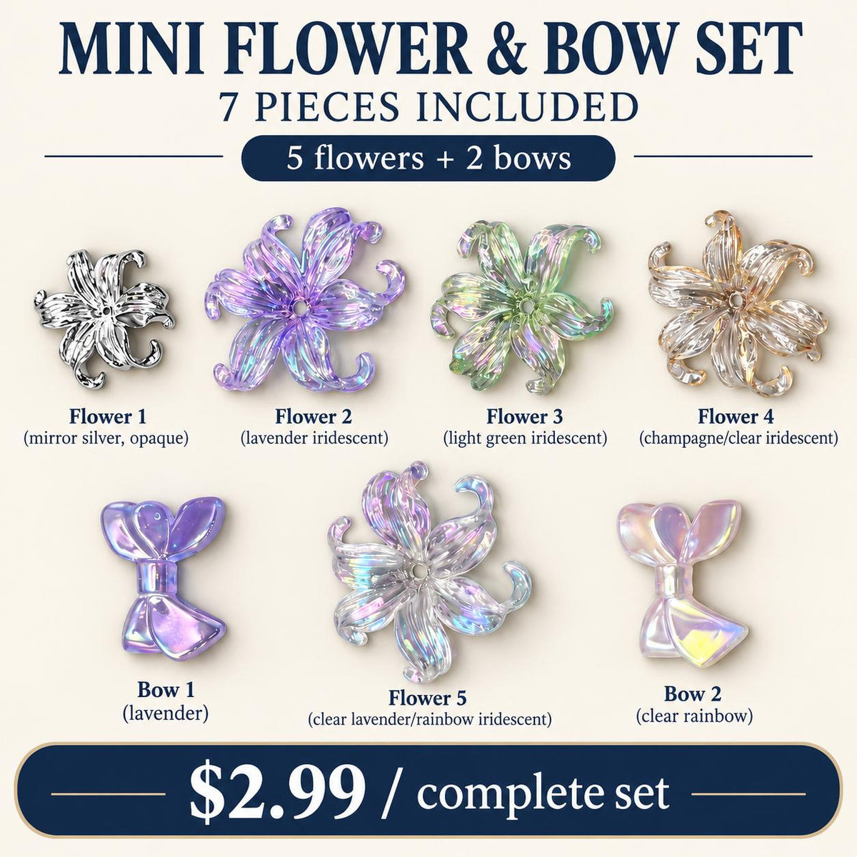 FANJUN-AMTECH Miniature Flowers and Bows Decorative Accessories Set - 7 Pieces