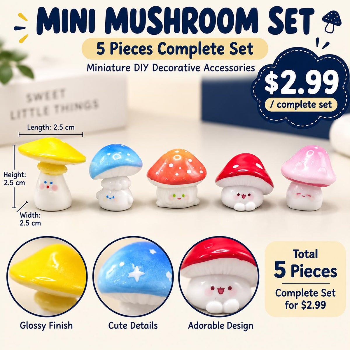 FANJUN-AMTECH Miniature Colorful Mushroom Models Set - 5 Pieces