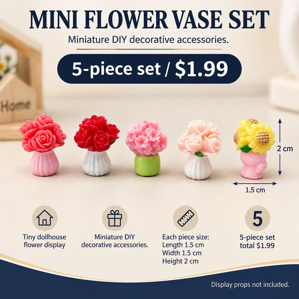 FANJUN-AMTECH 5-Piece 3D Shapes Miniature Vase and Flower Models Set - Home Decor Statues & Figurines for Home Supplies