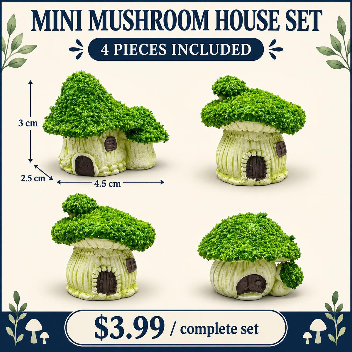 FANJUN-AMTECH Miniature Mushroom House Models Set - 4 Pieces