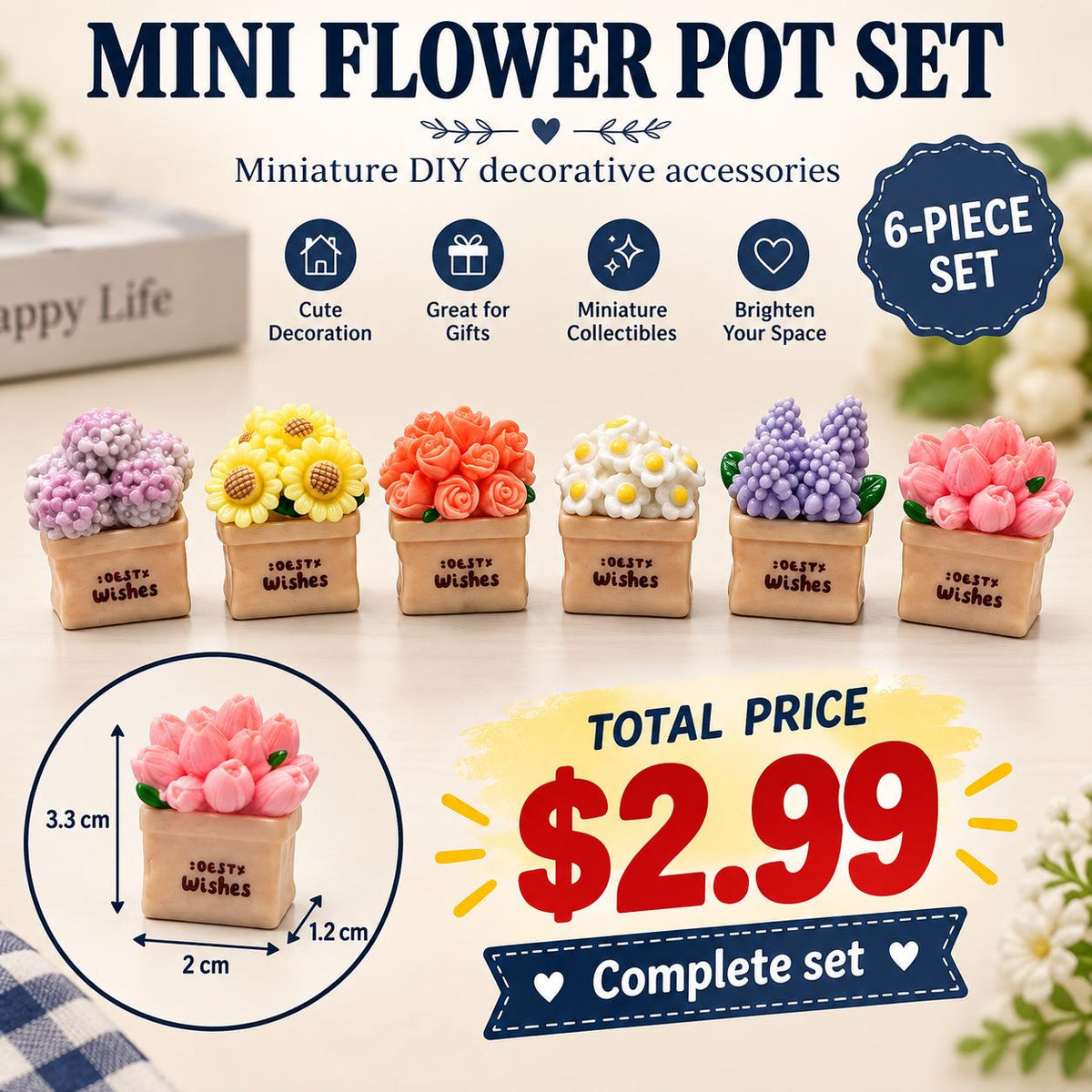 FANJUN-AMTECH 6-Piece Miniature Potted Flower Bouquet Model Set, Home Decor Ornaments, 3D Shapes Plants for Home Supplies Props