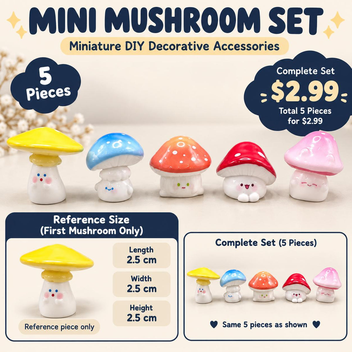 FANJUN-AMTECH Miniature Colorful Mushroom Models Set - 5 Pieces