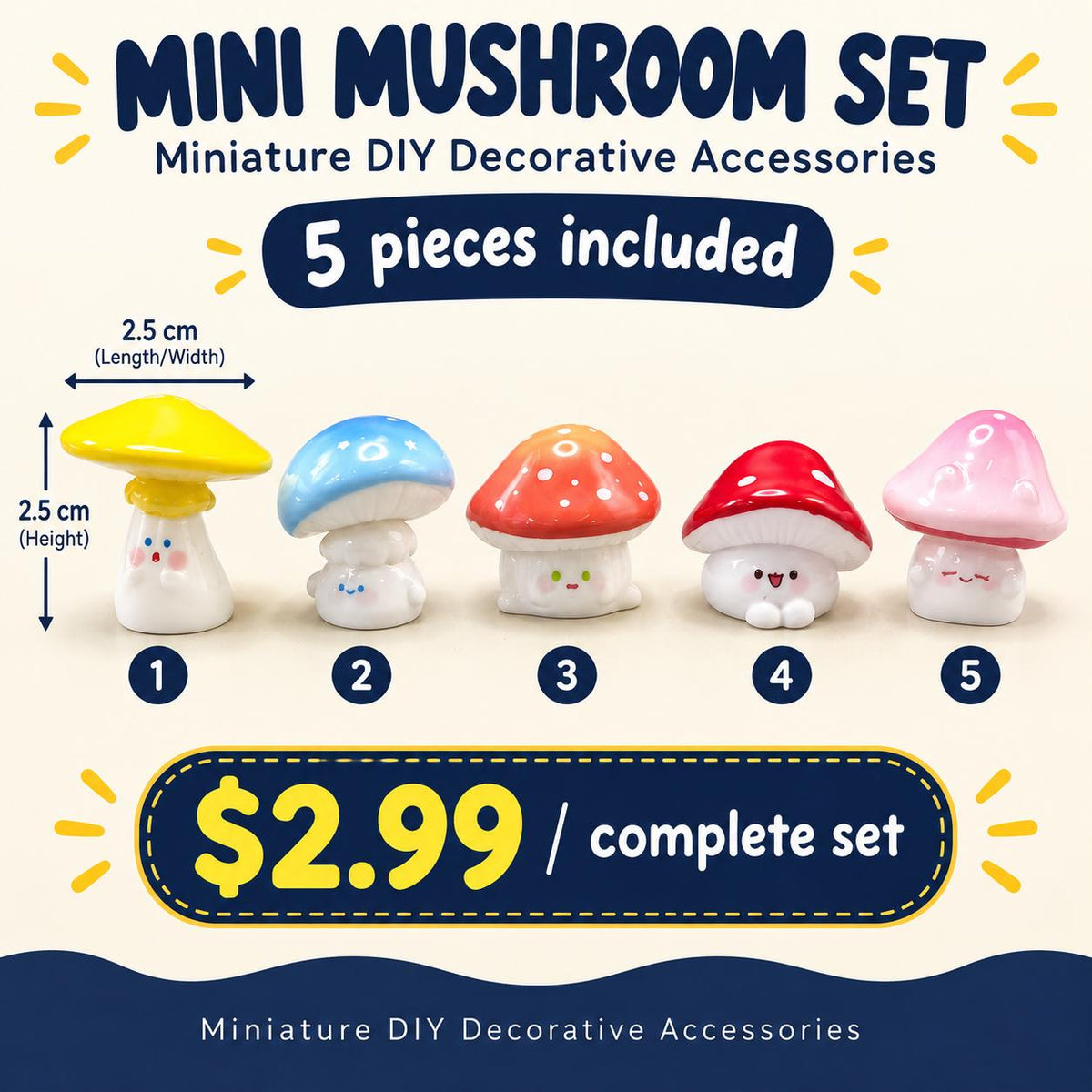 FANJUN-AMTECH Miniature Colorful Mushroom Models Set - 5 Pieces