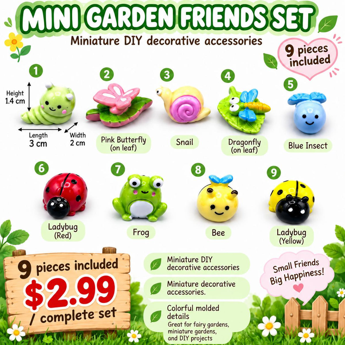 FANJUN-AMTECH 9-Piece 3D Shapes Miniature Garden Companion Figurine Set, Home Decor Statue for Indoor Outdoor Small Garden Accents