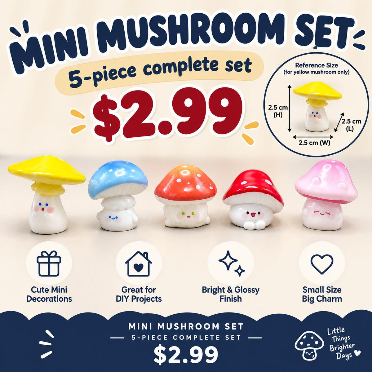 FANJUN-AMTECH Miniature Colorful Mushroom Models Set - 5 Pieces