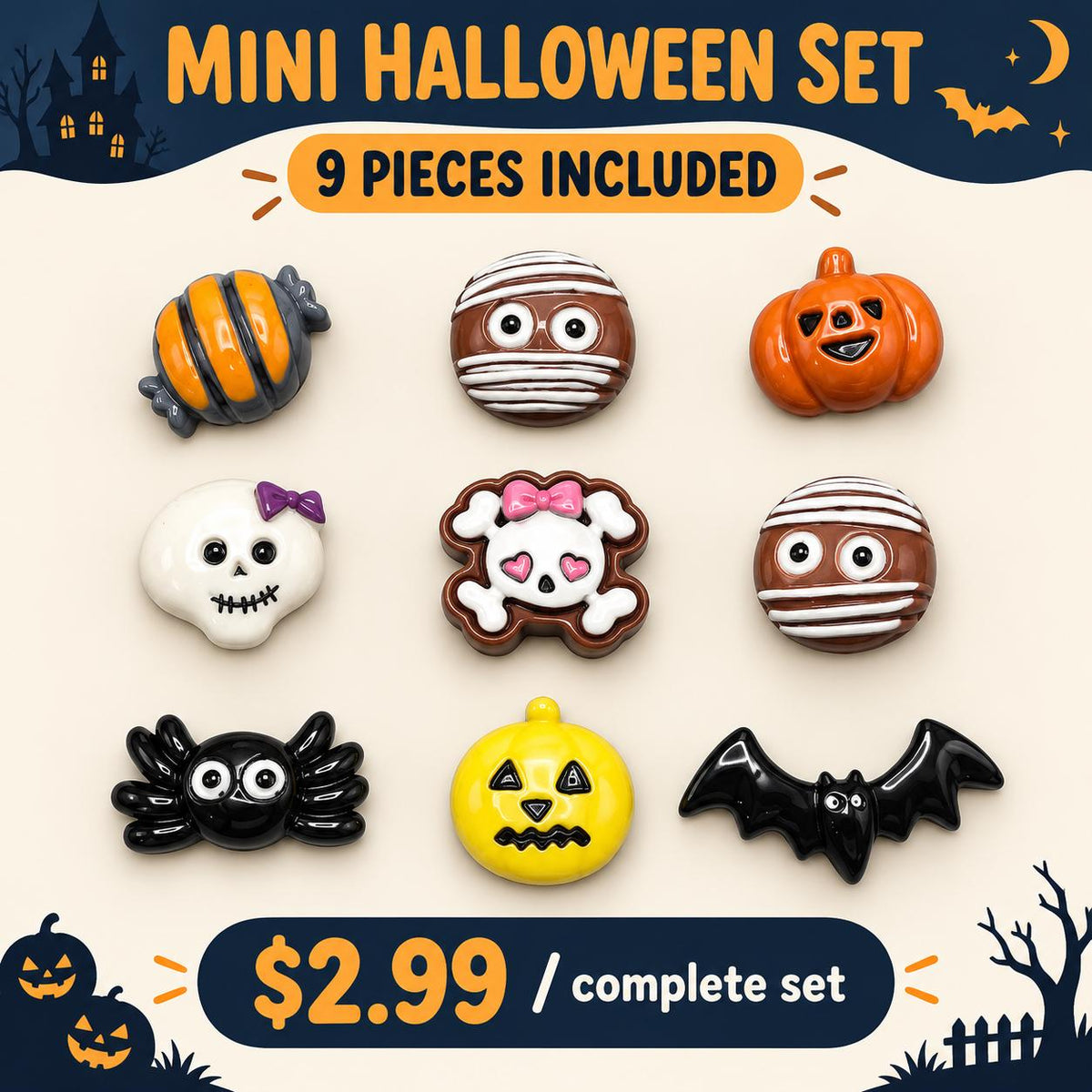FANJUN-AMTECH Miniature Halloween Decorative Accessories Set - 9 Pieces