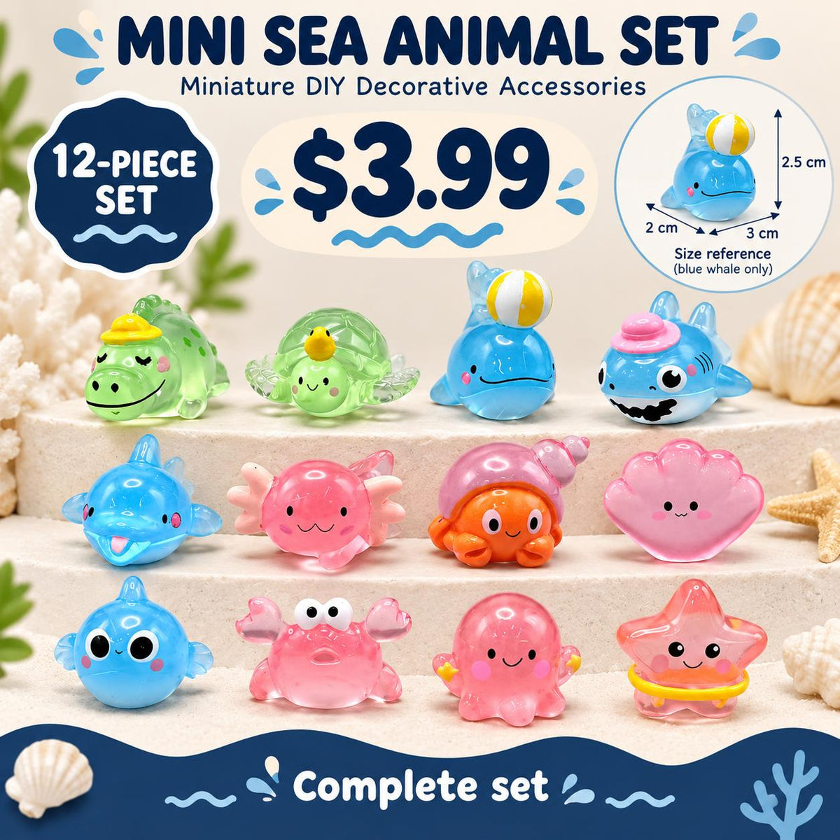 FANJUN-AMTECH 12-Piece Miniature Sea Animal 3D Shapes Model Set - Home Decor Ornaments, Shelf Display Props