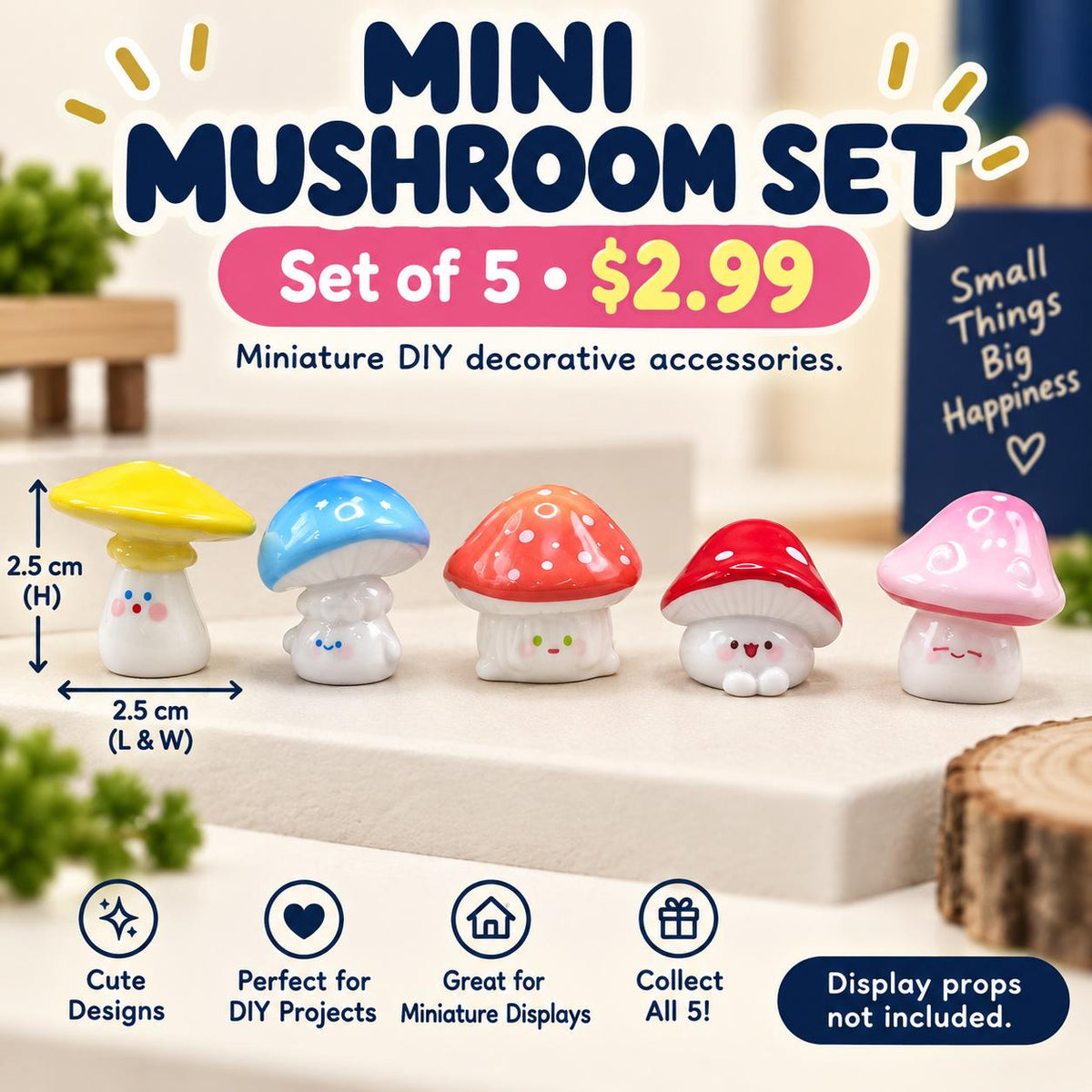 FANJUN-AMTECH Miniature Colorful Mushroom Models Set - 5 Pieces