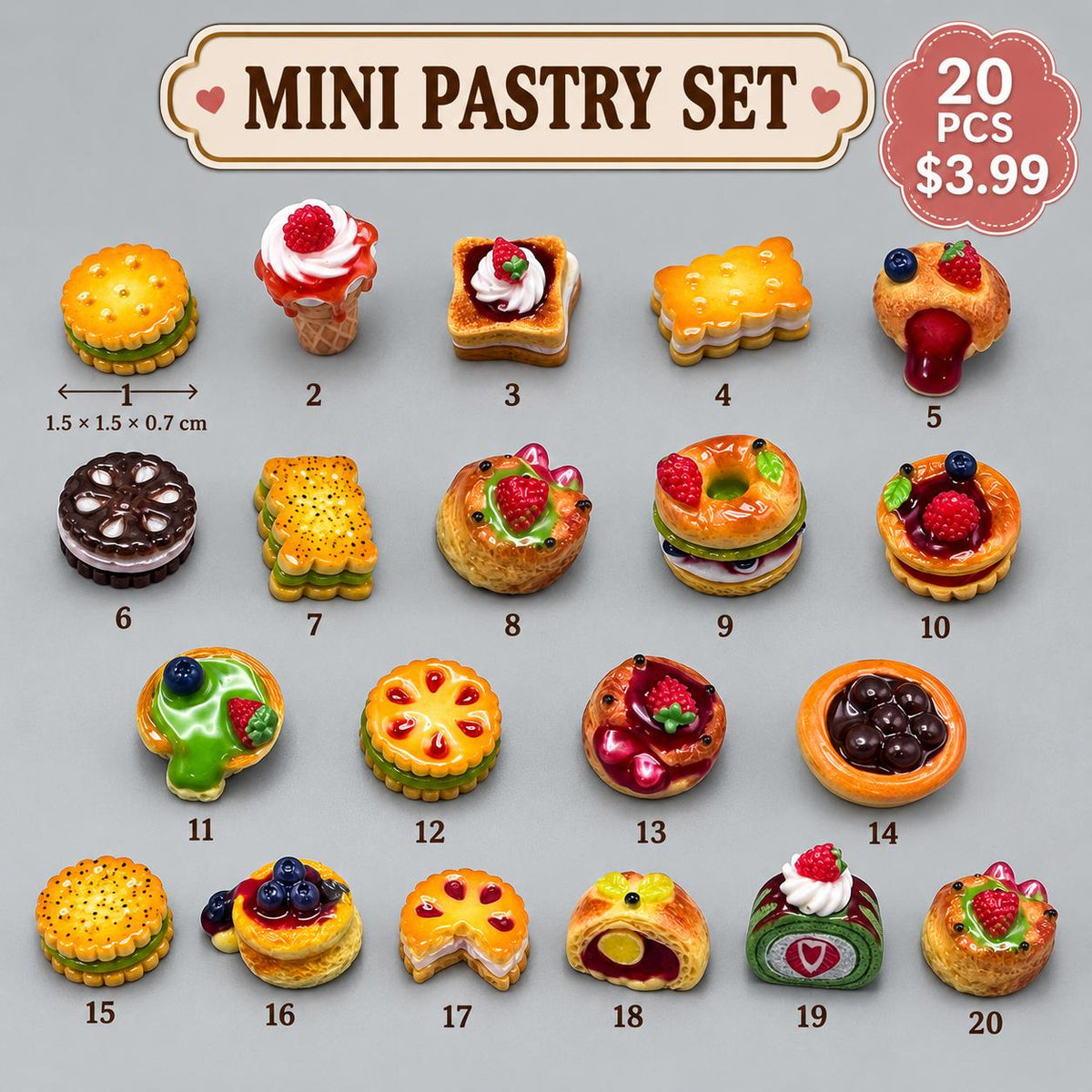 FANJUN-AMTECH Miniature Dessert Models Set - 20 Pieces