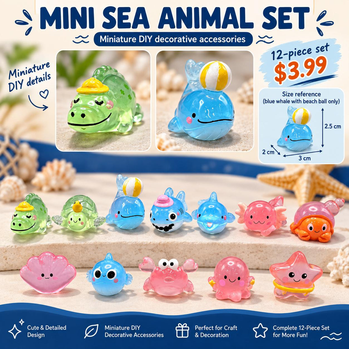FANJUN-AMTECH 12-Piece Miniature Sea Animal 3D Shapes Model Set - Home Decor Ornaments, Shelf Display Props