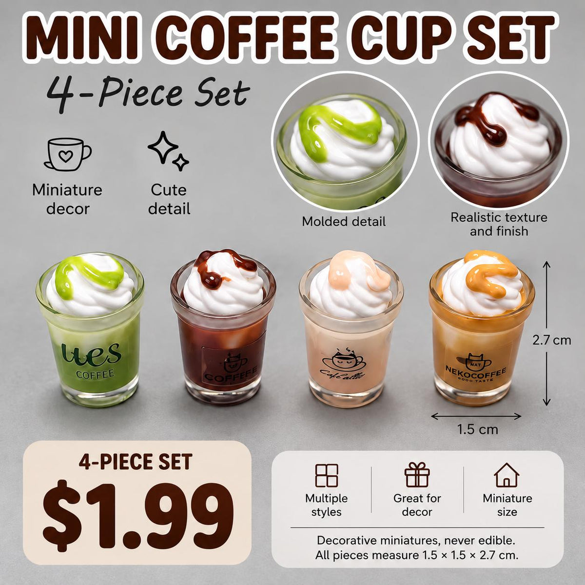 FANJUN-AMTECH Miniature Coffee Cup Models Set - 4 Pieces