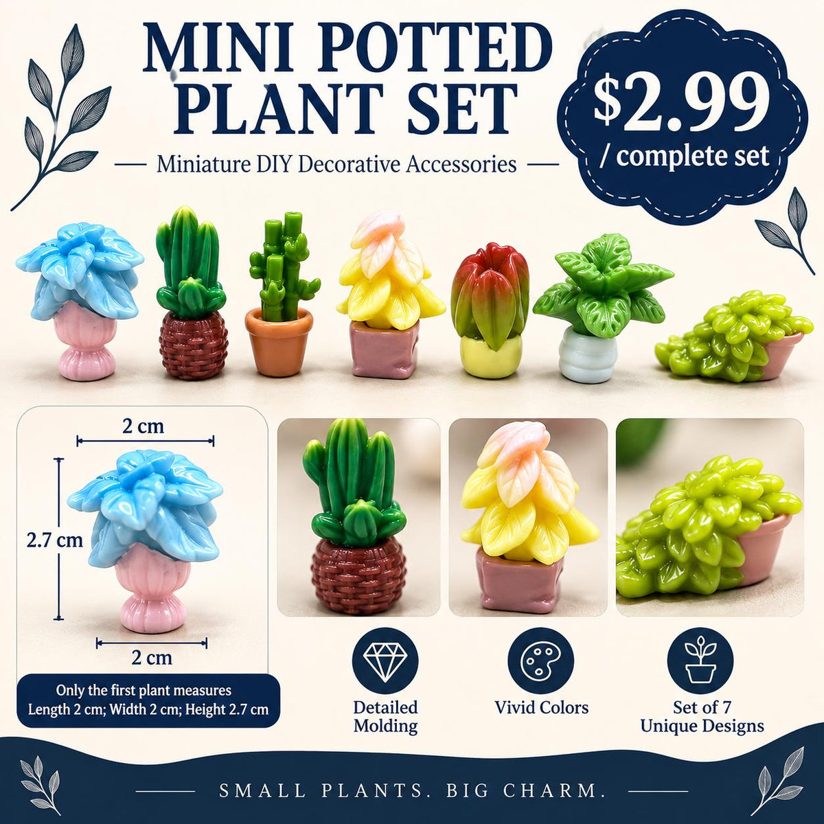 FANJUN-AMTECH Miniature Potted Plant Models Set - 7 Pieces