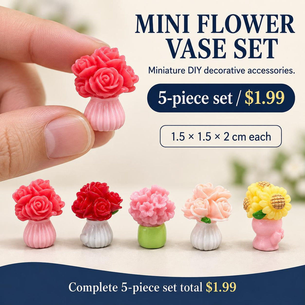 FANJUN-AMTECH 5-Piece 3D Shapes Miniature Vase and Flower Models Set - Home Decor Statues & Figurines for Home Supplies