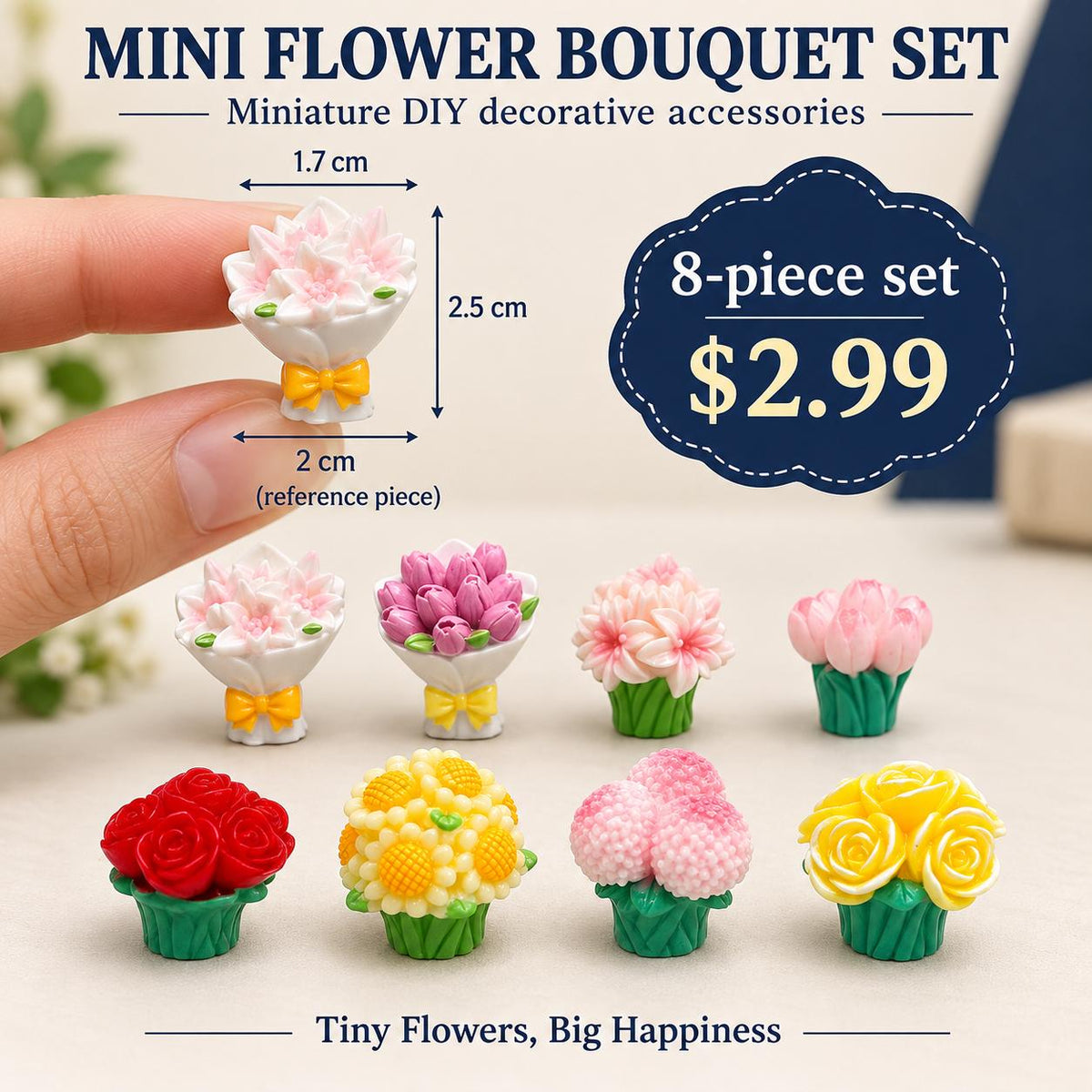 FANJUN-AMTECH 8-Piece 3D Shapes Miniature Flower Bouquet Models Set, Home Decor Statues & Figurines