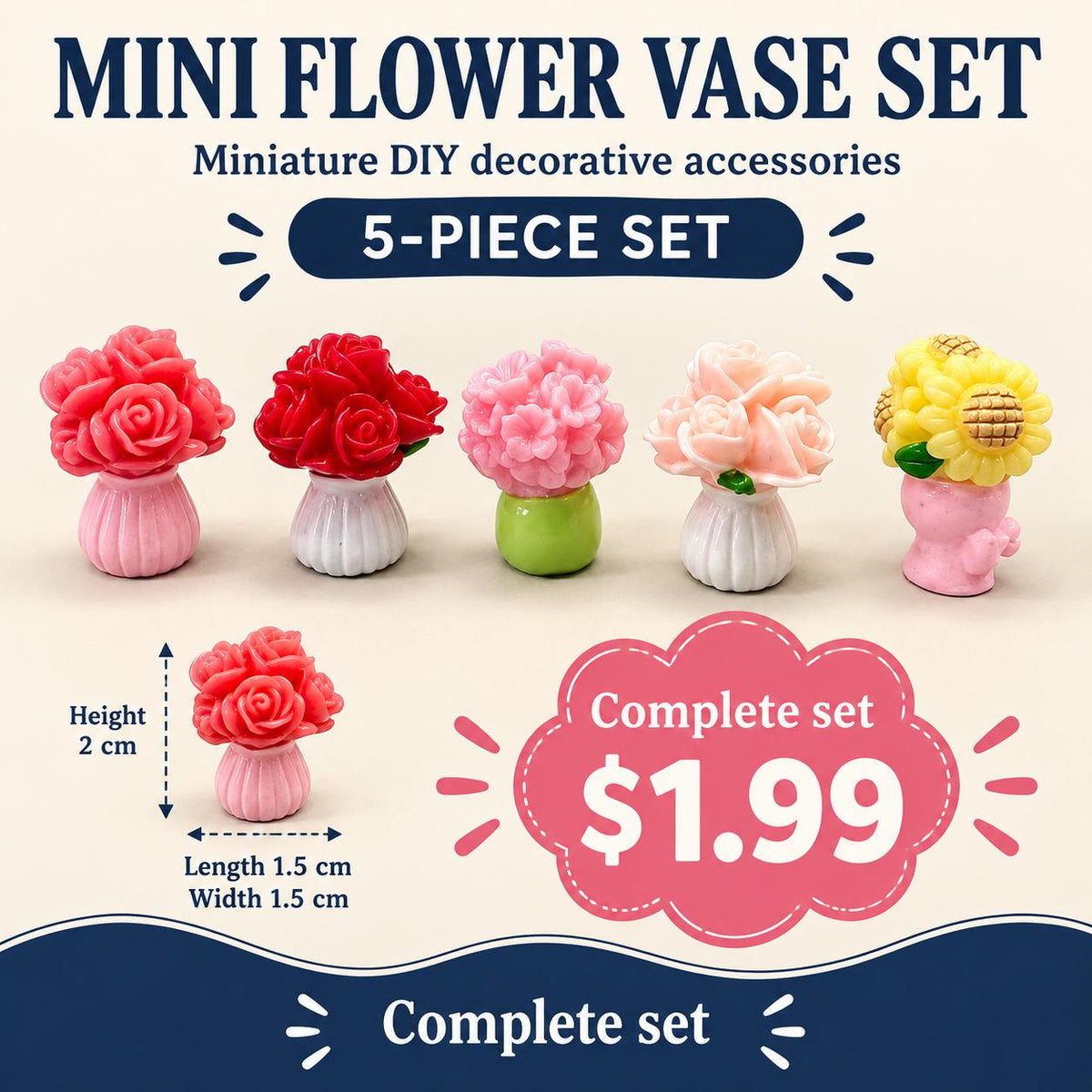FANJUN-AMTECH 5-Piece 3D Shapes Miniature Vase and Flower Models Set - Home Decor Statues & Figurines for Home Supplies