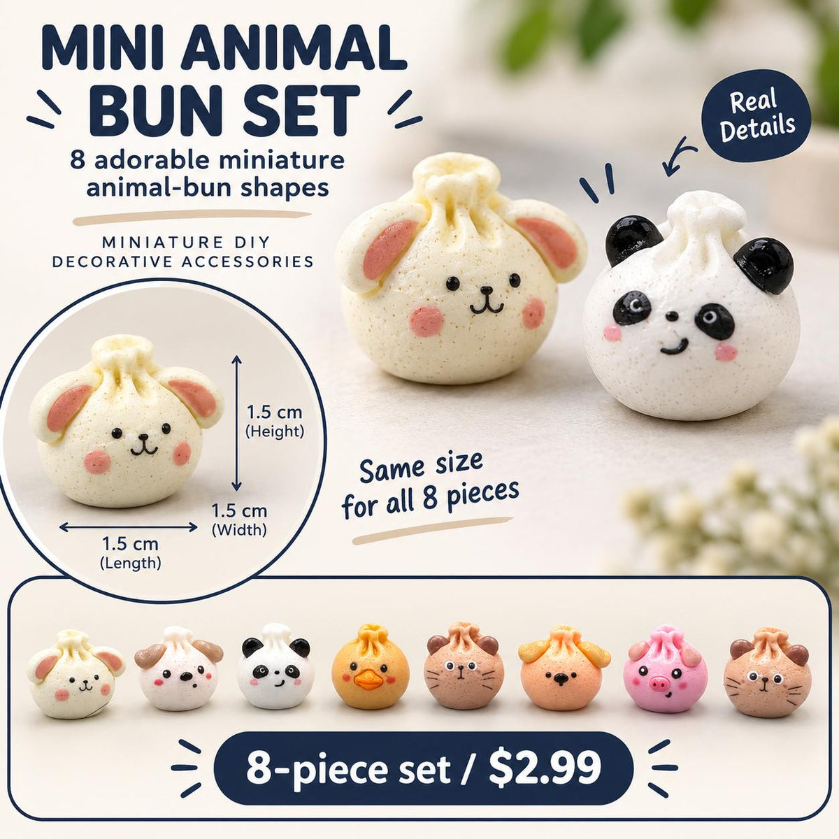 FANJUN-AMTECH Miniature Animal Bun Models Set - 8 Pieces