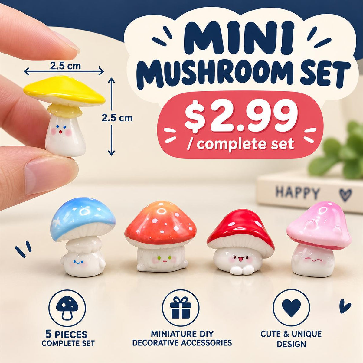 FANJUN-AMTECH Miniature Colorful Mushroom Models Set - 5 Pieces