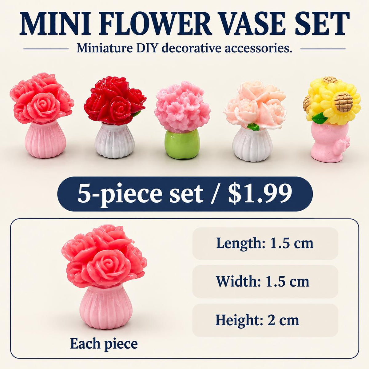 FANJUN-AMTECH 5-Piece 3D Shapes Miniature Vase and Flower Models Set - Home Decor Statues & Figurines for Home Supplies
