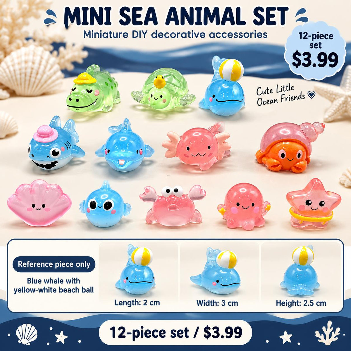 FANJUN-AMTECH 12-Piece Miniature Sea Animal 3D Shapes Model Set - Home Decor Ornaments, Shelf Display Props