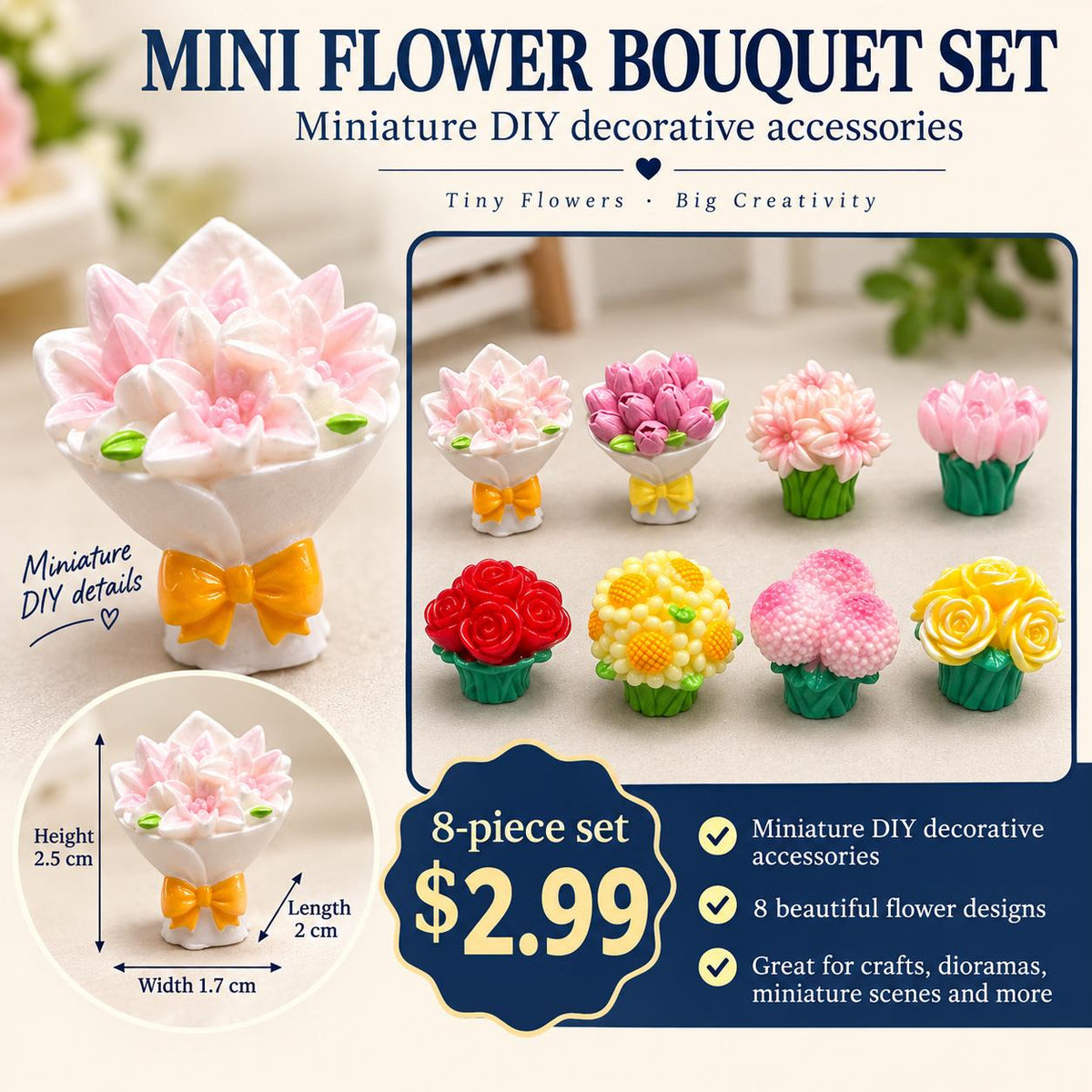 FANJUN-AMTECH 8-Piece 3D Shapes Miniature Flower Bouquet Models Set, Home Decor Statues & Figurines