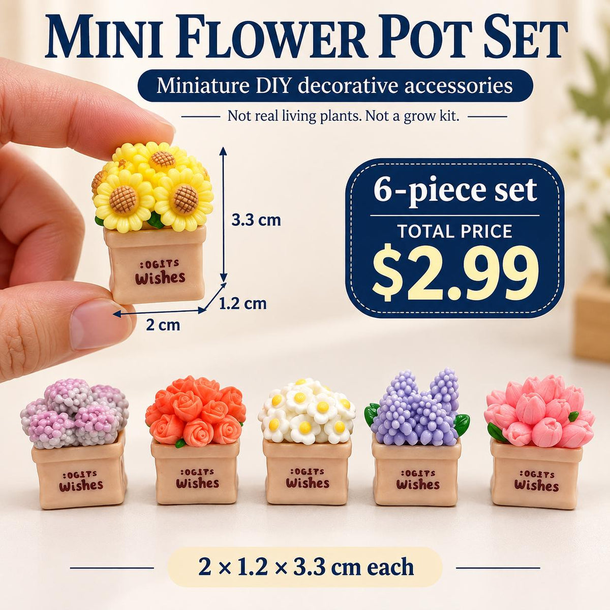FANJUN-AMTECH 6-Piece Miniature Potted Flower Bouquet Model Set, Home Decor Ornaments, 3D Shapes Plants for Home Supplies Props