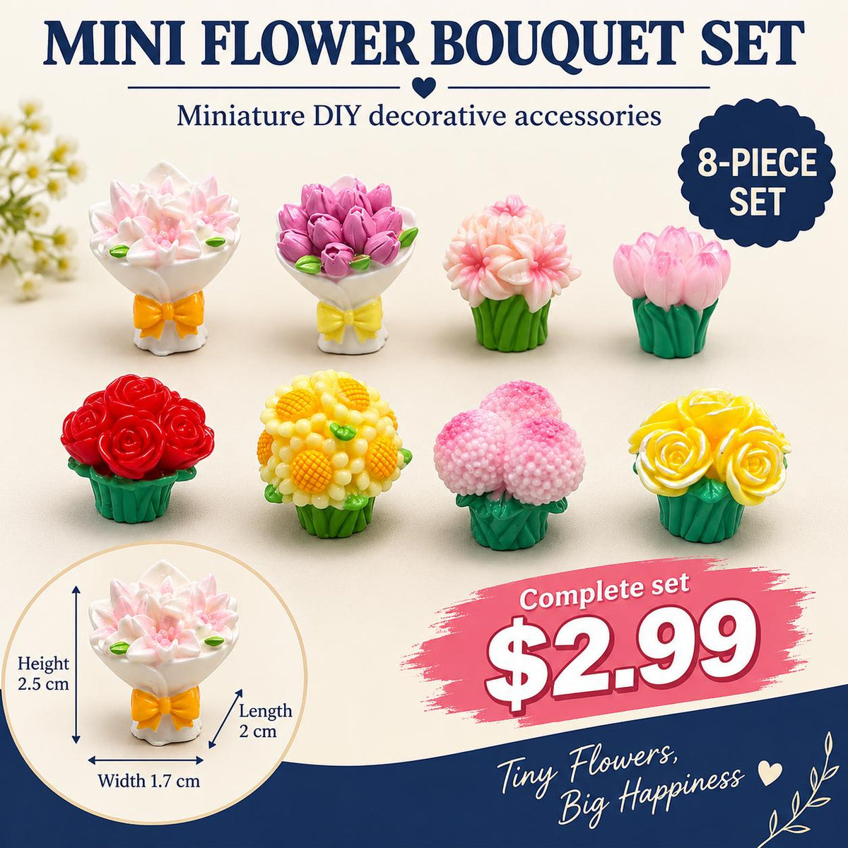 FANJUN-AMTECH 8-Piece 3D Shapes Miniature Flower Bouquet Models Set, Home Decor Statues & Figurines