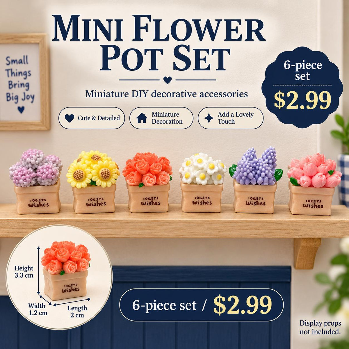 FANJUN-AMTECH 6-Piece Miniature Potted Flower Bouquet Model Set, Home Decor Ornaments, 3D Shapes Plants for Home Supplies Props