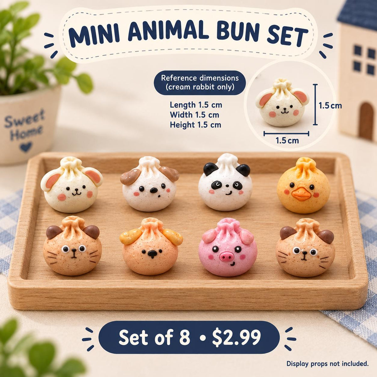 FANJUN-AMTECH Miniature Animal Bun Models Set - 8 Pieces