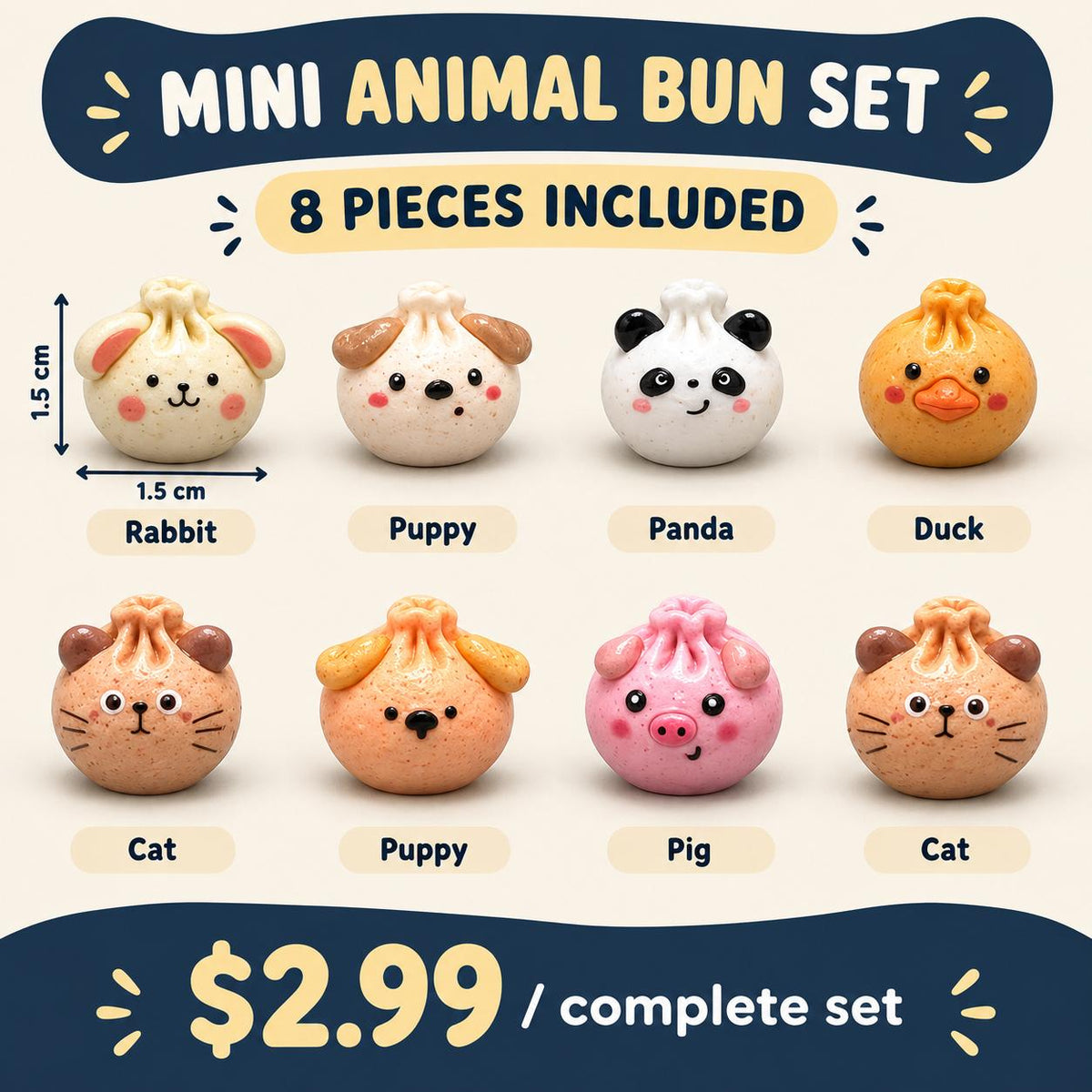 FANJUN-AMTECH Miniature Animal Bun Models Set - 8 Pieces